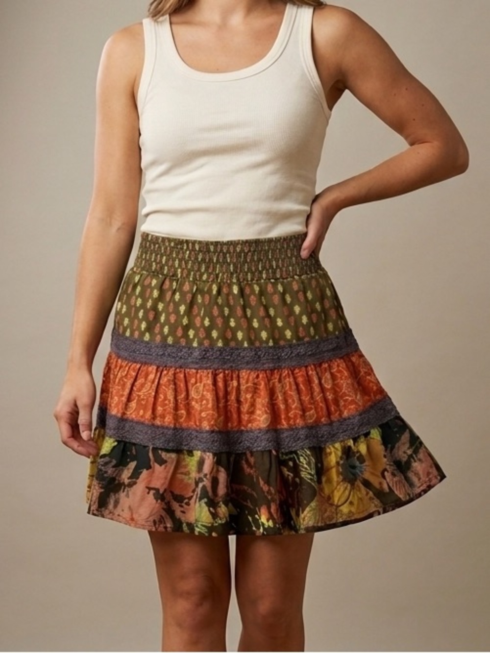 Fire Los Angeles Tiered Mini Skirt Orange Brown Green Size M Indie Boho Festival